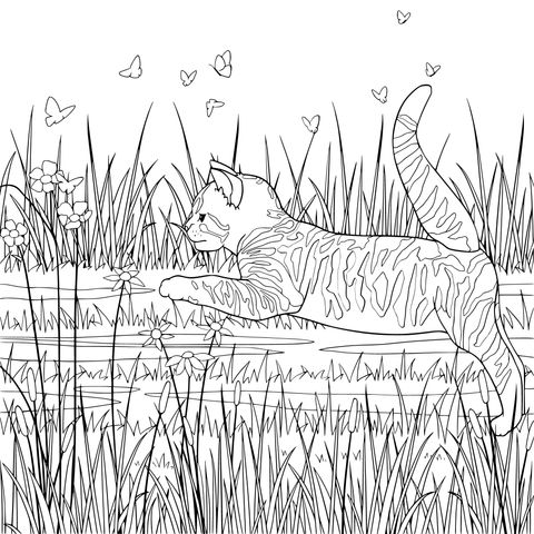 Coloring Page of a Cat Playing Among Flowers and Grass