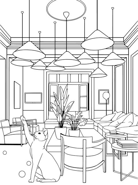 Modern Living Room with Cat Coloring Page