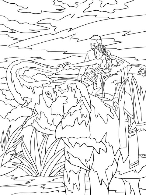 Coloring Page of People Riding an Elephant