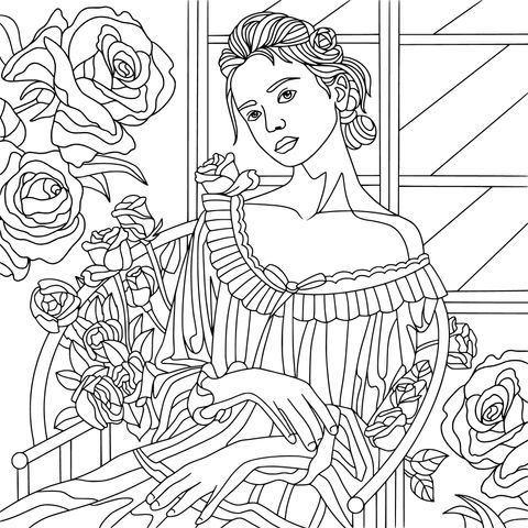 Vintage Woman and Roses Coloring Page