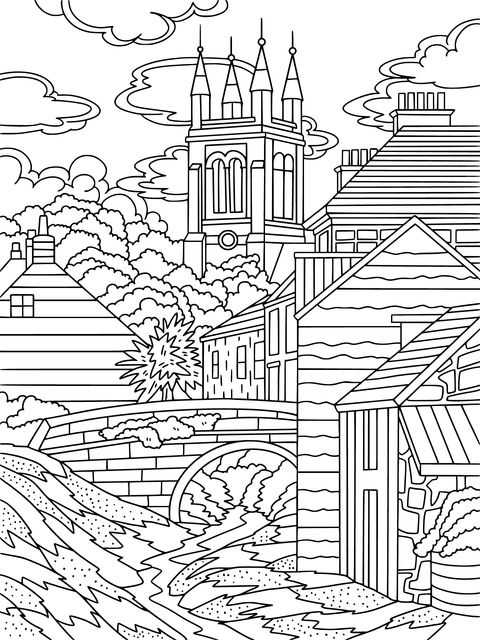 Rural Scenery Coloring Page: Stream, Cottages and Bell Tower