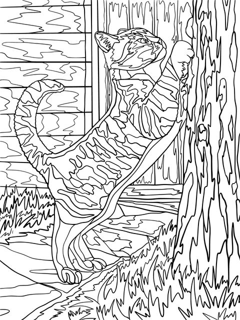 Adorable Cat Scratching a Tree Coloring Page