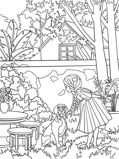 Coloring Page of a Girl and a Dog in the Courtyard