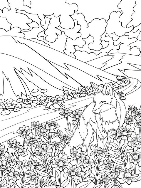 Coloring Page: Fox Amidst Flowers and Green Hills