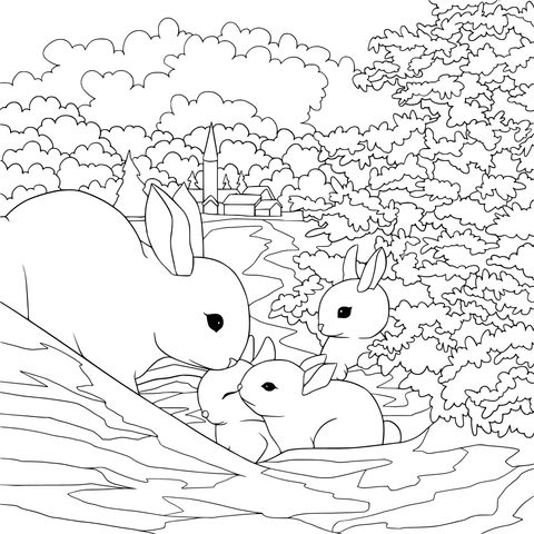 Rabbit Family in a Winter Snowscape Coloring Page