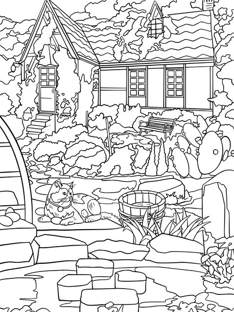 Rural Cottage and Cat Coloring Page