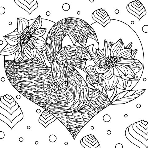 Two Flamingos and Flowers Coloring Page