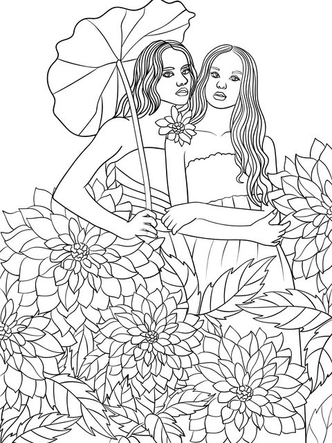 Coloring Page of Two Ladies and Flowers