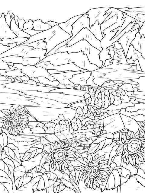 Rural Mountain Landscape Coloring Page