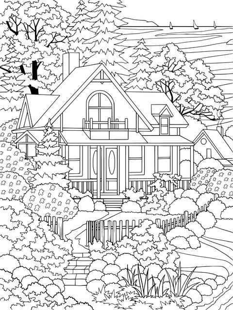 Dibujo para colorear de una hermosa casita al lado del lago