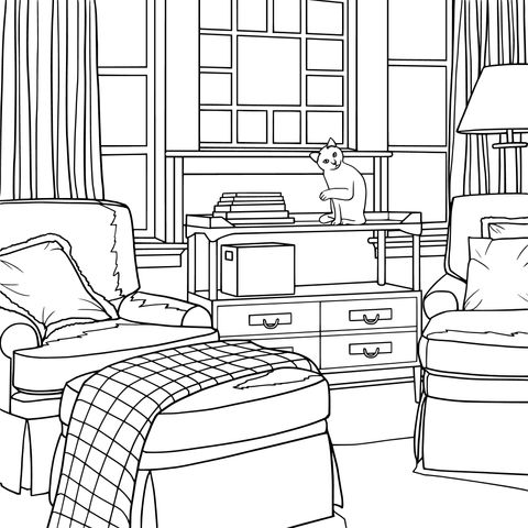 Cozy Living - Room Cat Coloring Page