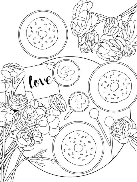 Donuts and Flowers Coloring Page