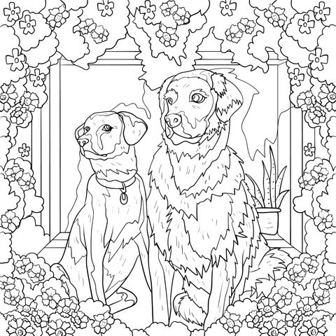 Página para colorir de dois cães ao lado da janela