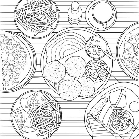 Food Coloring Page: Various Dishes Await Your Coloring