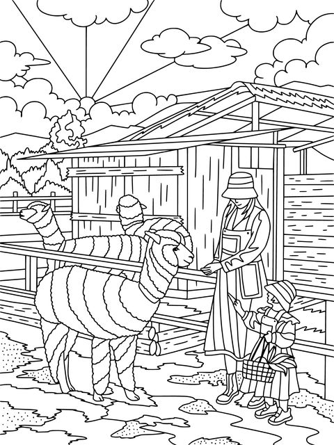 Farm Scene and Alpaca Coloring Page