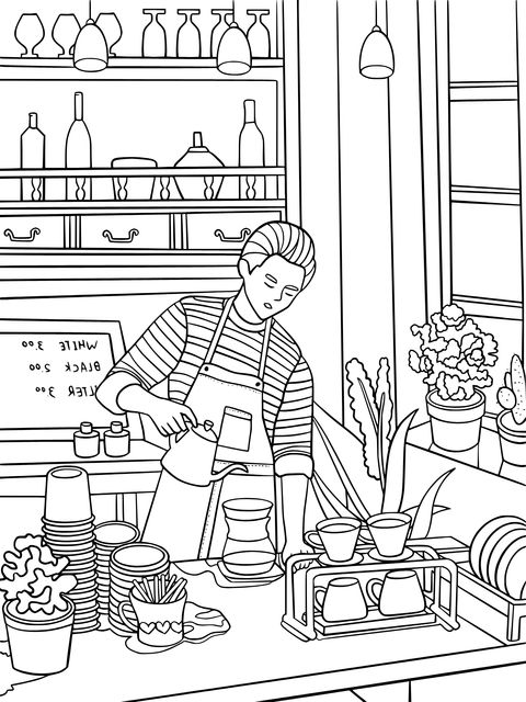 Coloring Page of Watering Flowers in a Pottery Studio