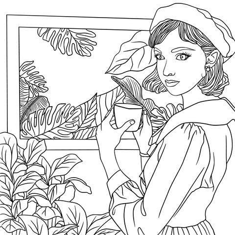 Coloring Page of a Stylish Girl Holding a Cup