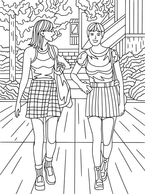 Coloring Page of Two Girls Walking Together