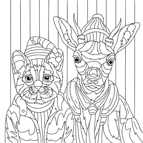 Coloring Page of a Cute Cat and a Deer