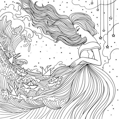 Dreamy Ocean - themed Girl Coloring Page