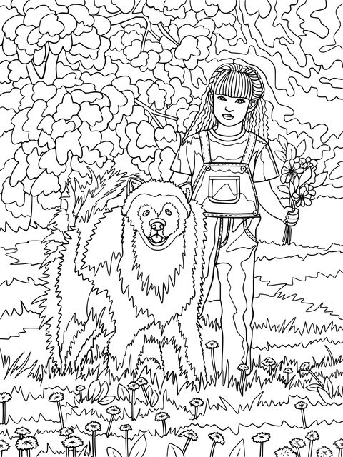 Chica y perro entre flores y árboles