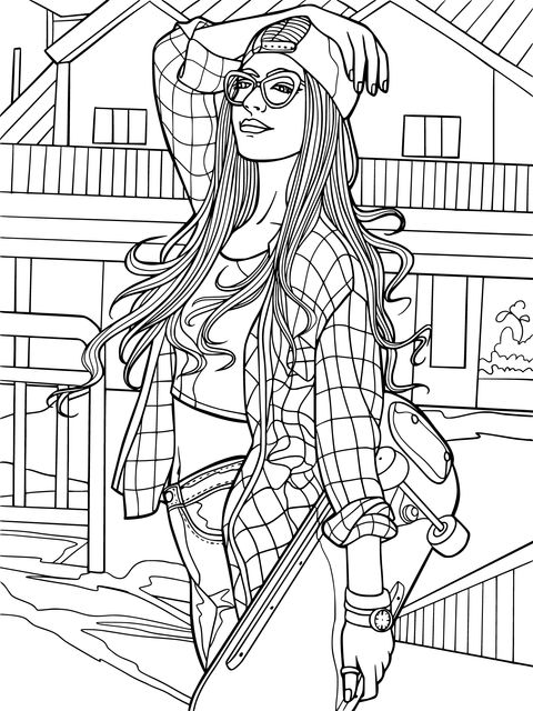 Fashionable Skate - Boarding Girl Coloring Page