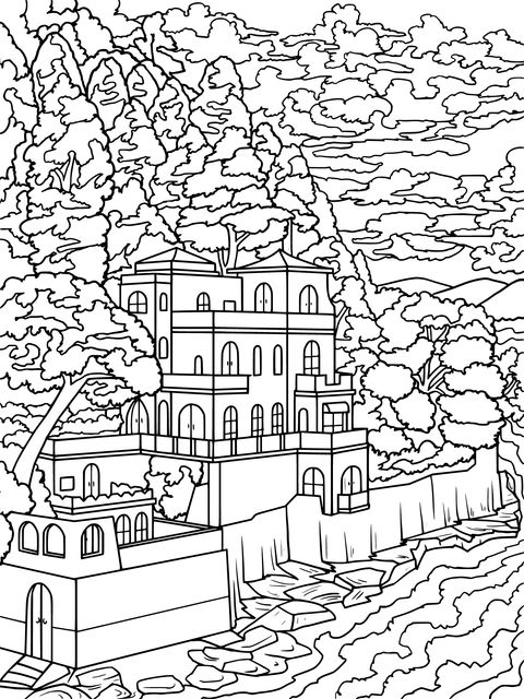 Coloring Page of a Red House by the River