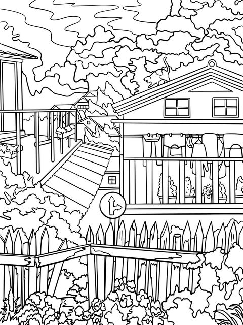 Cozy Home Coloring Page: Courtyard and House Scene