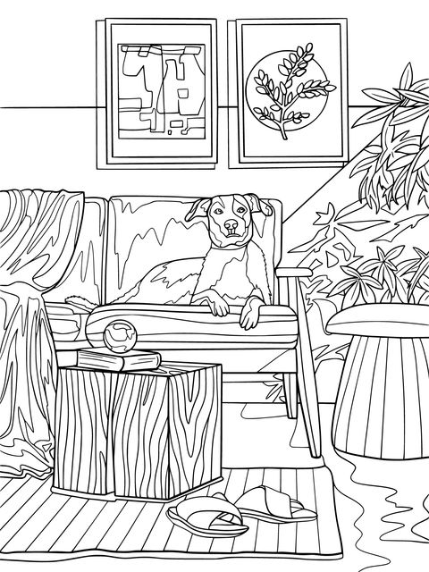 Relaxing Dog in Home Scene Coloring Page