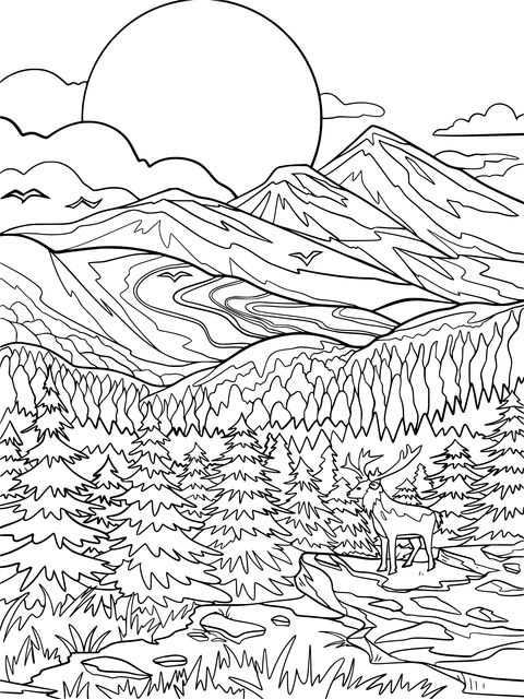 Nature Scenery Coloring Page: Mountains, Forests and a Moose