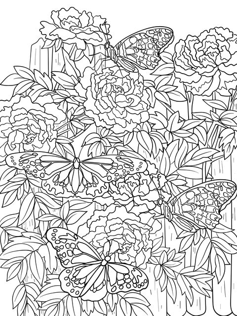 Peonies and Butterflies Coloring Page