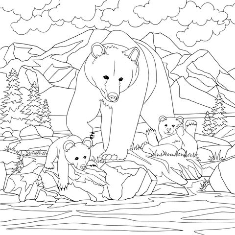 Coloring Page of a Bear Family by a Mountain Stream