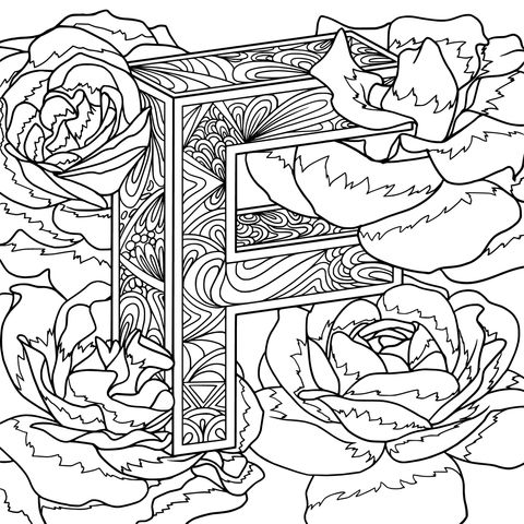 Coloring Page of Letter F Surrounded by Flowers