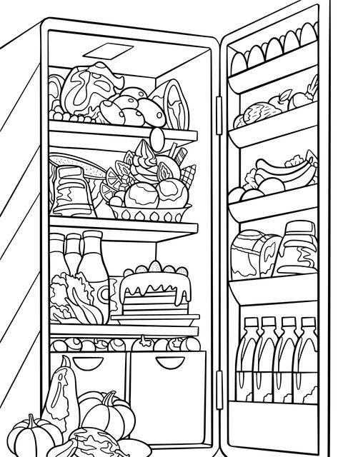 Refrigerator Coloring Page: Colorful Foods Await Your Touch