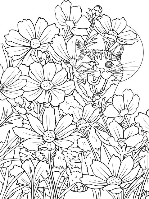 Página de Colorear de un Gato y Flores