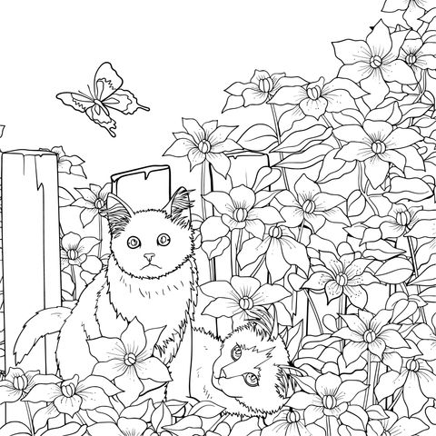 Coloring Page of Black Cats, Purple Flowers and a Butterfly