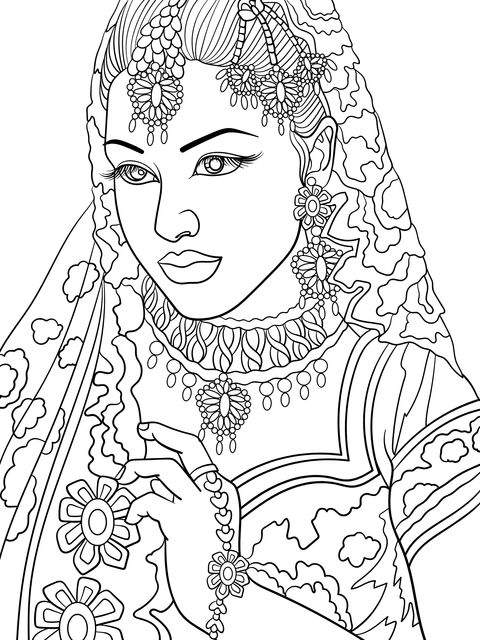 Coloring Page of a Woman in Traditional Indian Attire