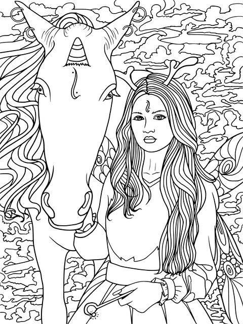 Fantasy Fairy and Unicorn Coloring Page