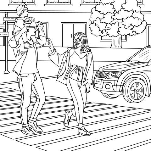 Family Crossing the Road Coloring Page