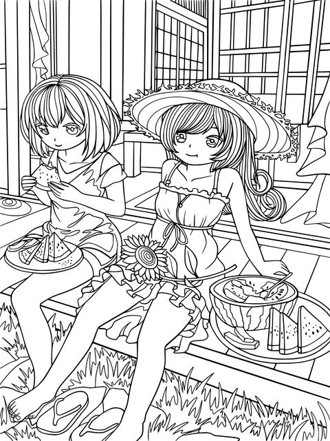 Summer Girls Eating Watermelon Coloring Page