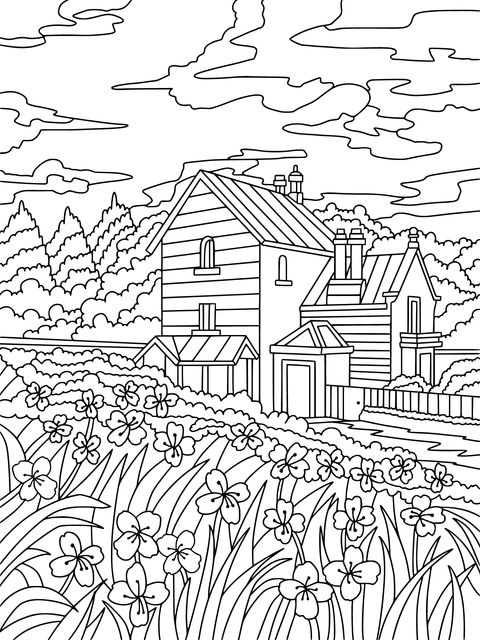 Página de Colorear de Paisaje con Cabaña Rural