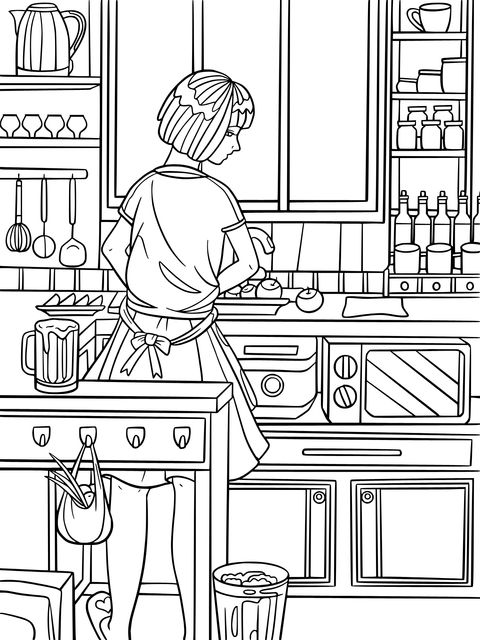 Página de Colorear de una Escena de Cocina: Una Mujer Ocupada en la Cocina