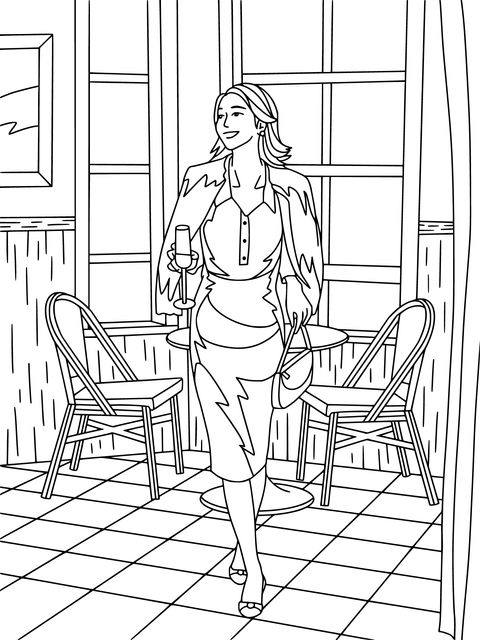 Coloring Page of an Elegant Lady Strolling Indoors with Wine