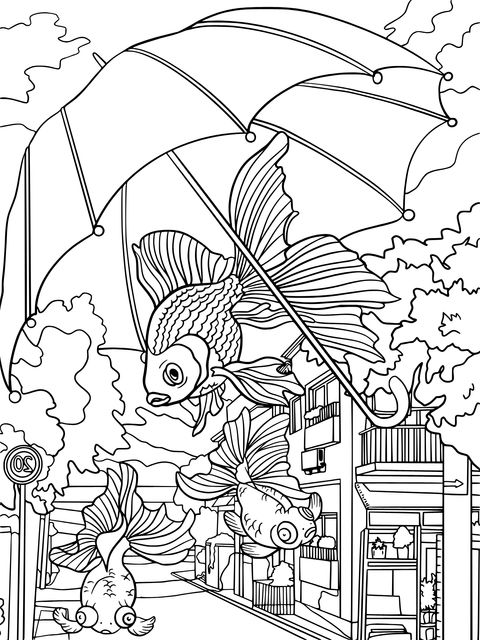 Fantasy Goldfish Holding Umbrella Coloring Page