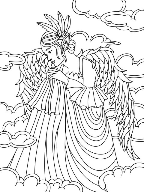 Página para colorear de un ángel en las nubes