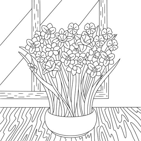 Colorful Flower Coloring Page in a Vase by the Window