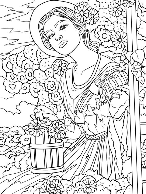 Coloring Page of a Woman Picking Flowers in the Garden