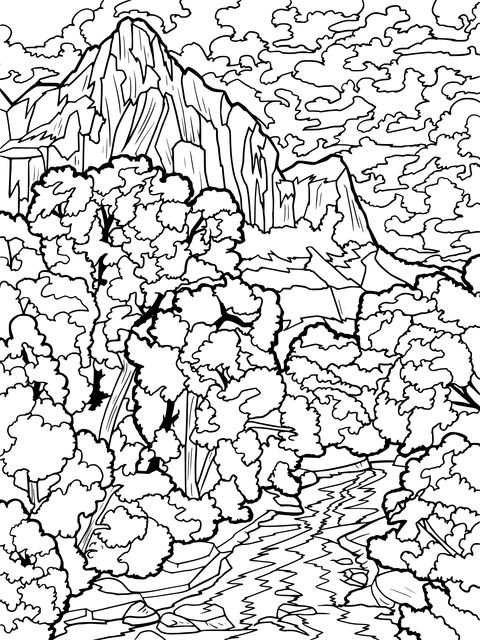 Mountain Forest and Stream Scenery Coloring Page