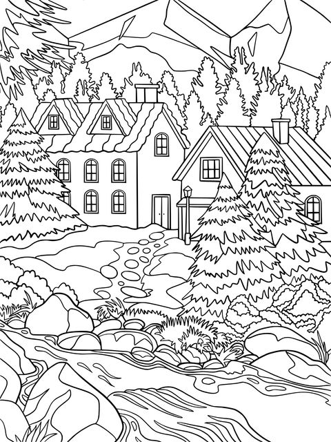 Rural Stream and Cottage Coloring Page