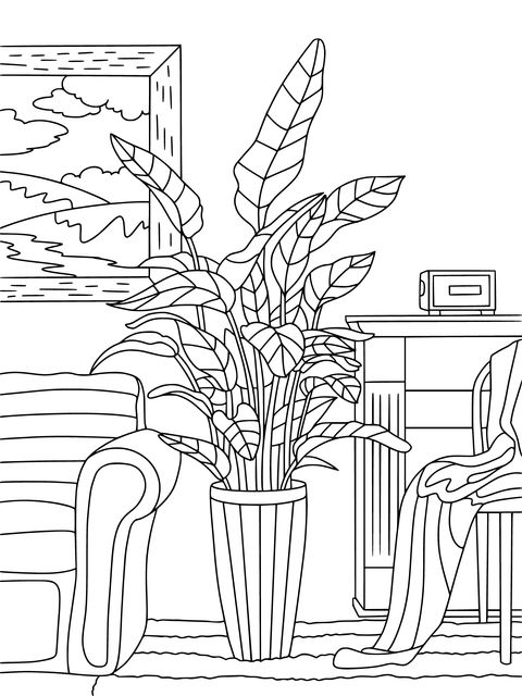 Indoor Green Plant Scene Coloring Page